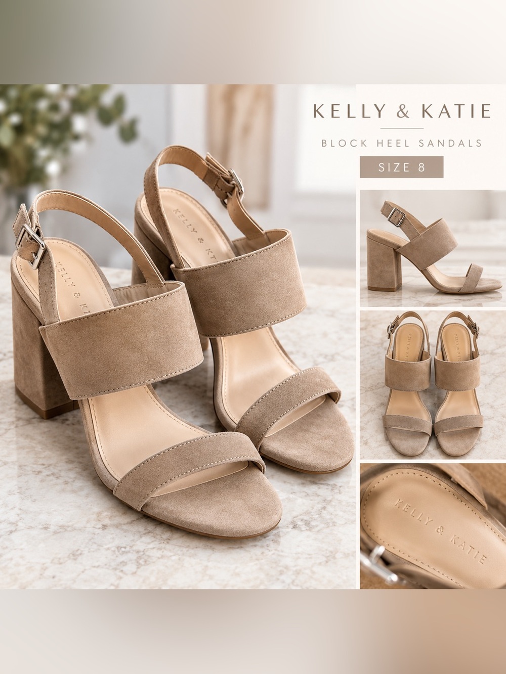 Kelly & Katie Taupe Suede Block Heel Ankle Strap Sandals Size 8